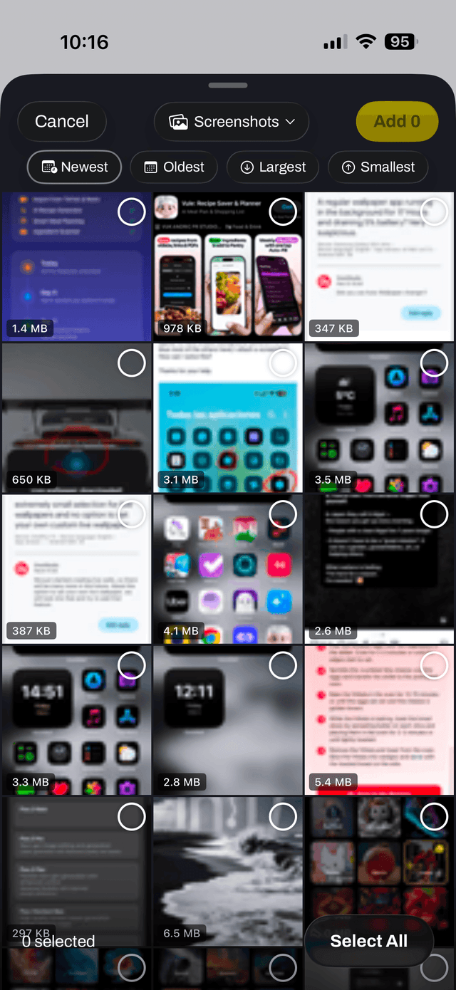 SlimPix custom picker with album selection, sorting by size, and batch selection