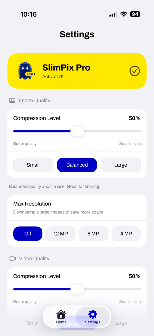 SlimPix Settings with image and video compression sliders and presets
