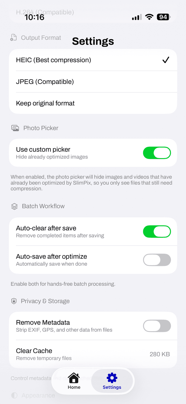 SlimPix advanced settings with batch workflow, privacy options, and app icon selection