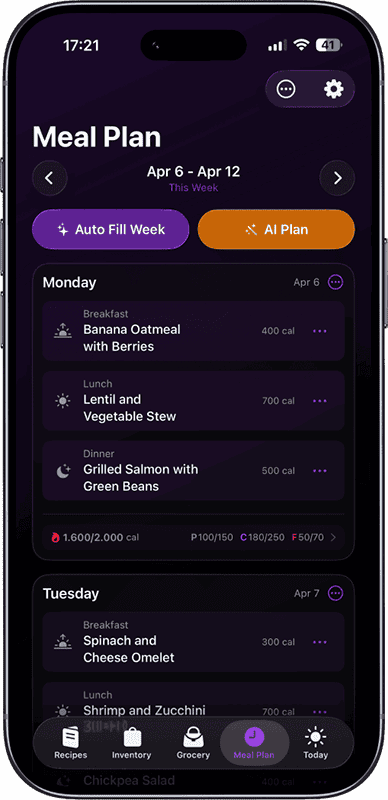 Vule AI meal planner showing weekly meal plan with breakfast, lunch, dinner auto-filled by AI