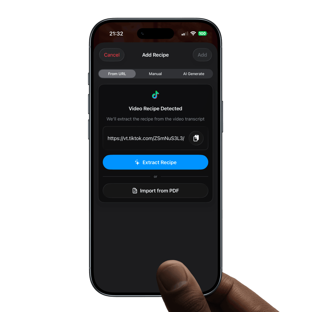 Vule Add Recipe screen with TikTok video link import