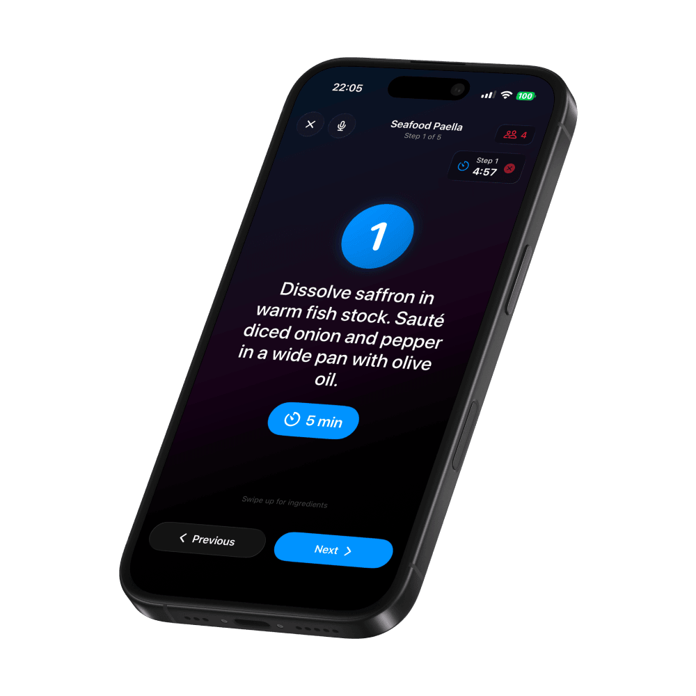 Vule cooking mode with step-by-step voice-controlled instructions