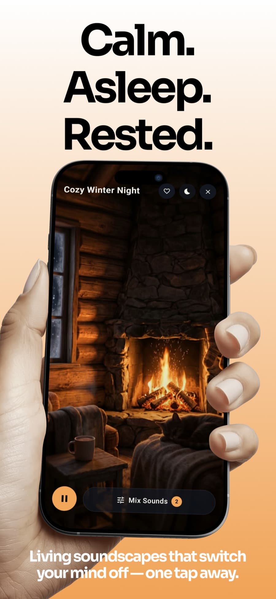 Noctura playing the Cozy Winter Night sleep scene, with living soundscapes one tap away