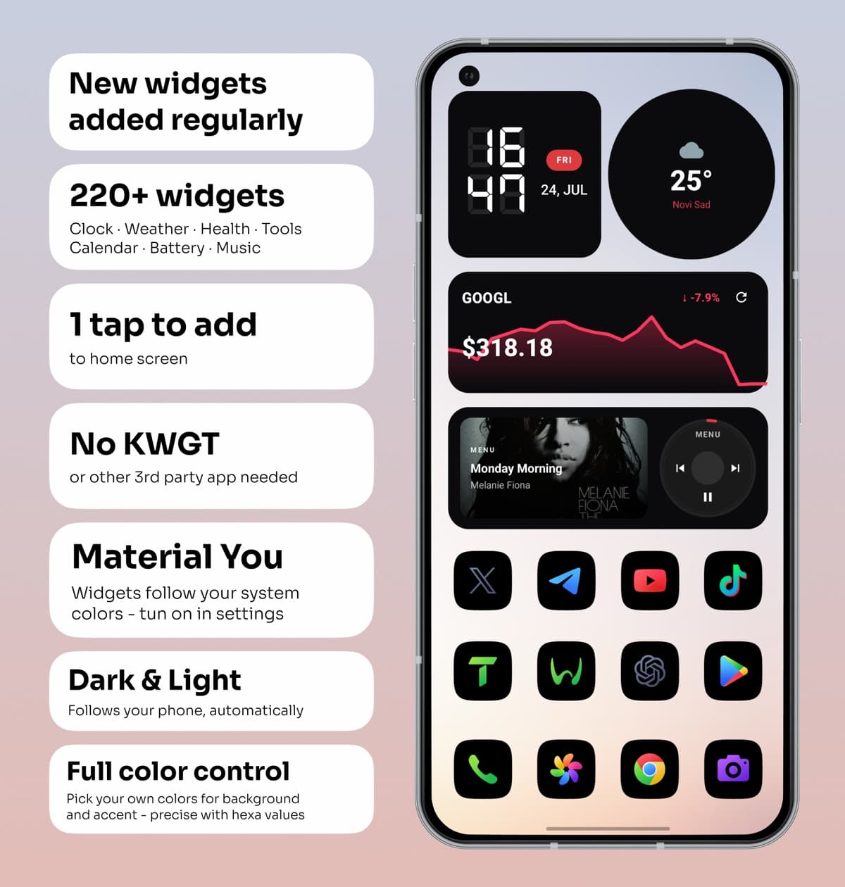 One4Widgets on an Android home screen with clock, weather, stocks and music widgets
