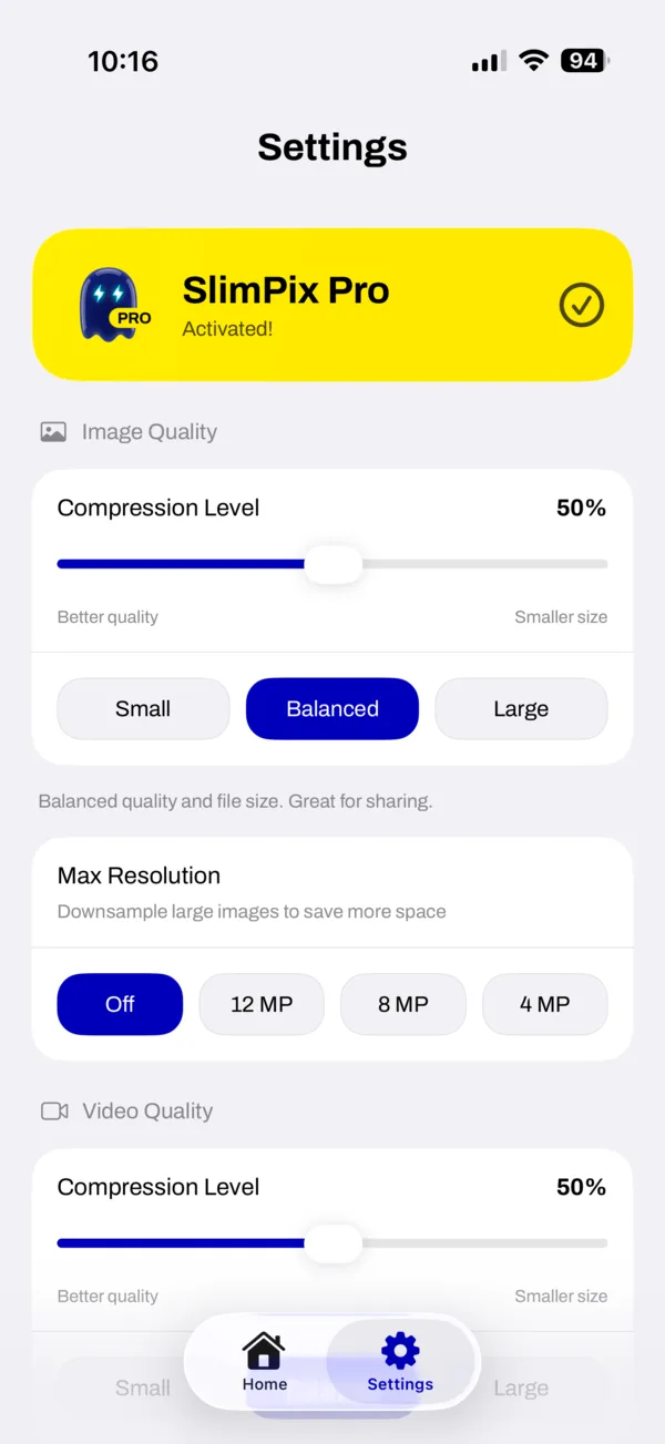 SlimPix settings with separate compression controls for iPhone photos and videos