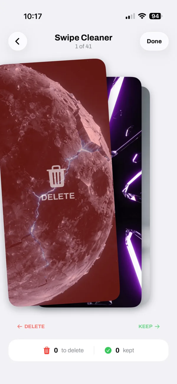 SlimPix Swipe Cleaner showing a photo card with delete and keep actions