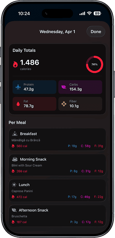 Vule nutrition tracking with calorie and macro breakdown per meal