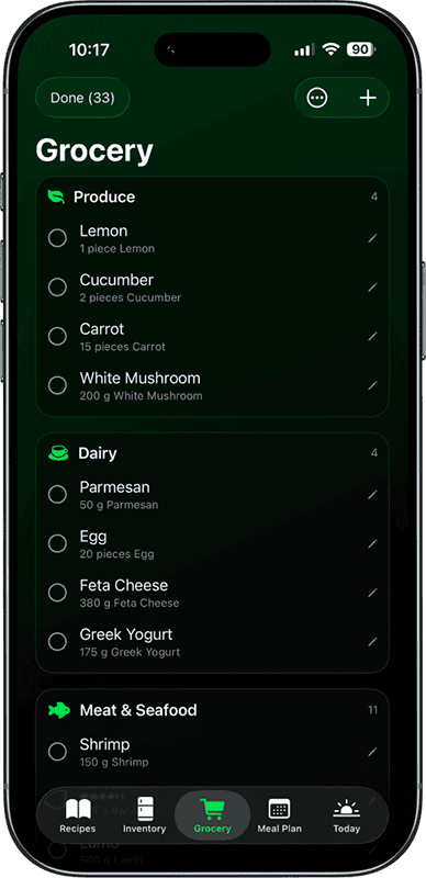 Vule grocery list sorted by store aisle categories