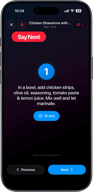 Vule cooking mode with voice-controlled step-by-step instructions