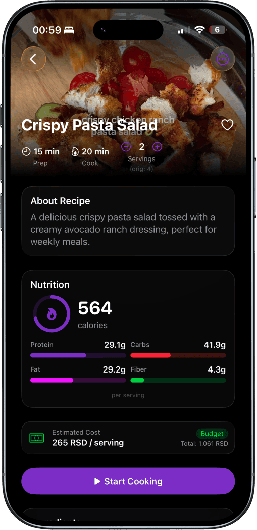 Vule recipe detail view with cost estimate, nutrition, and ingredients